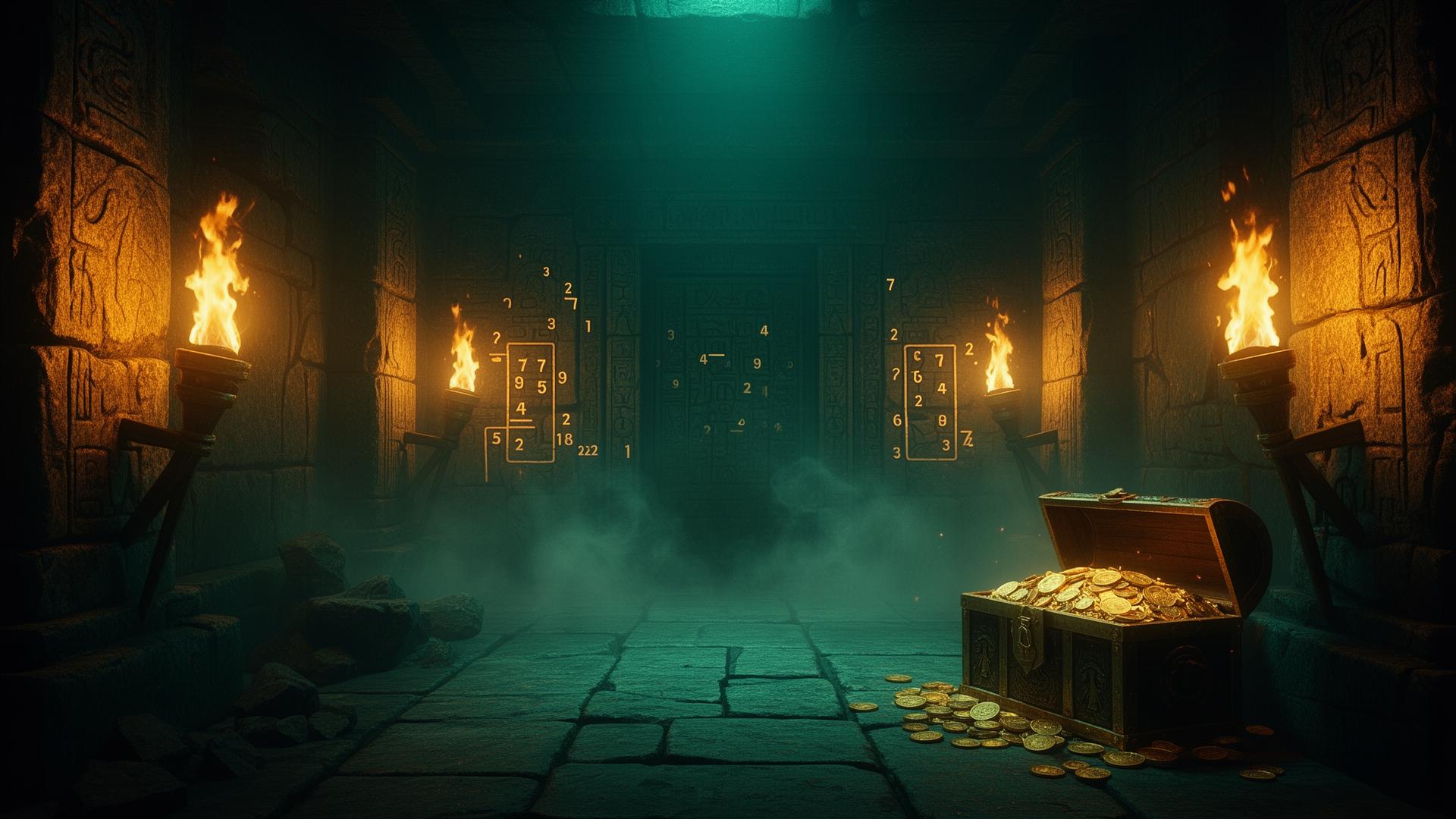 Dimly-lit ancient temple escape room with torches and treasure