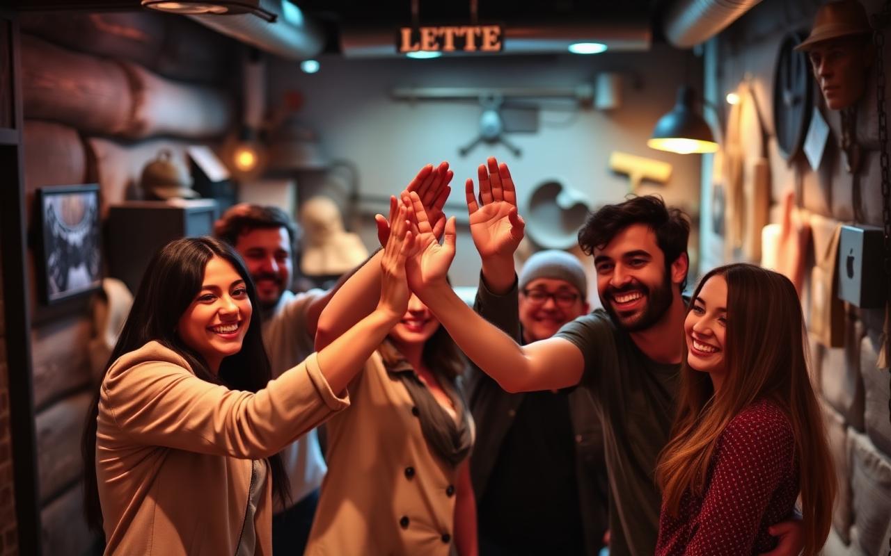 Friends celebrating after solving an escape room